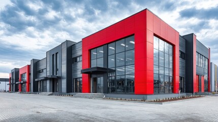 Naklejka premium Modern Industrial Building Exterior with Red Accents and Ample Parking Under Cloudy Sky