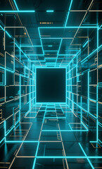 Journey through a luminous digital corridor with glowing neon lines, an abstract concept of a futuristic virtual reality pathway