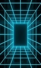 Abstract journey through a futuristic cyberspace corridor with a glowing blue neon grid leading to an infinite digital dimension