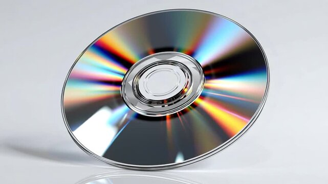 Compact optical disc gracefully rotating, casting prismatic rainbow reflections across pristine white surface, generating hypnotic visual gradient with iridescent color spectrum - Powered by Adobe