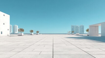A wide empty city square with clean pavement, modern minimalistic style