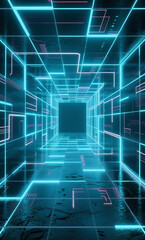 Abstract science fiction background of a glowing cyberspace corridor with blue and pink neon lines on a reflective floor