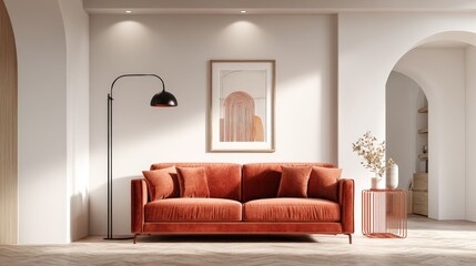 Modern Living Room Interior with Velvet Sofa, Minimalist Decor, and Warm Lighting for Elegant Home Design