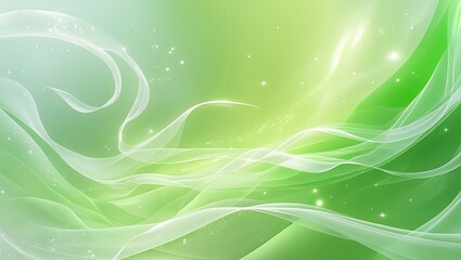 Fototapeta premium Glowing green gradient background with soft white swirls and subtle sparkling particles, creating an ethereal, luminous effect.