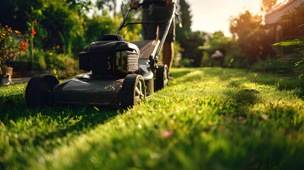 Mowing home lawn mower blade landscaping. Grass cutting machine mowing grass. Person cutting grasses pushing mower. Spring grass clean up fall lawn mowing on a sunlit background 