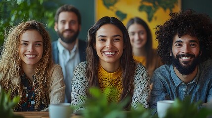 A diverse group of young professionals and friends smiling warmly at the in a bright modern indoor setting representing and collabo n