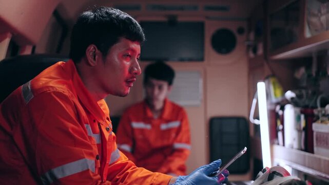 Asian man emergency medical technician (EMT) or paramedic nurse using tablet in ambulance car - Powered by Adobe