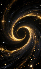 Swirling golden vortex of glittering stardust and light trails in deep space, an abstract representation of a cosmic nebula or black hole