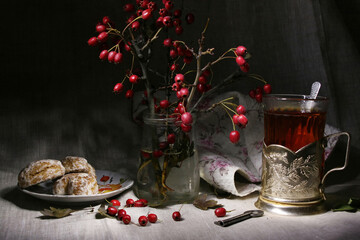 Evening hot tea in a glass.