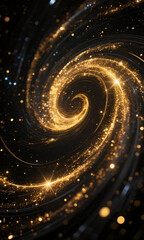 Luminous golden spiral vortex of sparkling light and cosmic energy, an abstract representation of a swirling galaxy in the vastness of space