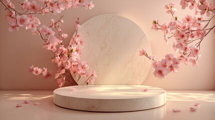 Elegant Product Display Podium with Cherry Blossom Accents for Spring-themed Presentation and Fashion Campaigns