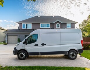 white hvac service van parked in front of a modern home with vibrant landscaping