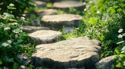 A pathway of natural stones winding through lush greenery