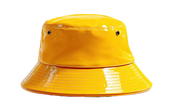 Bright yellow bucket hat with red trim
