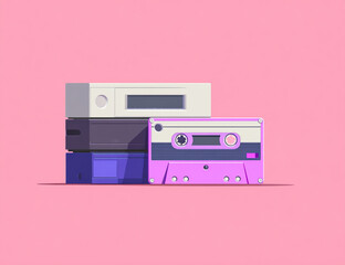 Fototapeta premium Retro cassette tape and player stack on a pink background