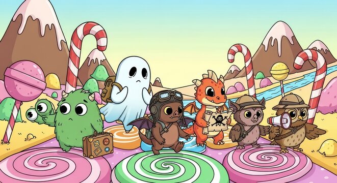 A group of cute cartoon monsters standing on colorful lollipops and candy in a whimsical helowen kuds landscape with sweet treats and snow-capped mountains.