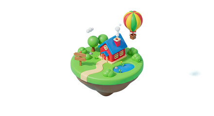 A colorful cartoon house with a hot air balloon flying over it, surrounded by trees and a pond.