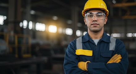 A focused factory worker, wearing safety gear, poses confidently with arms crossed in a manufacturing environment.