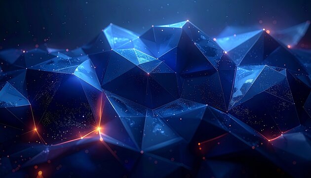 Dark abstract polygon mesh — 3D low-poly triangles, glowing edges, deep navy palette, high-resolution mobile wallpaper”