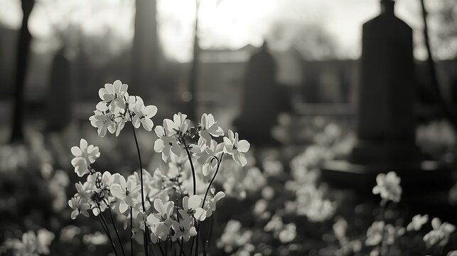 Delicate spring blossoms in a peaceful graveyard, a poignant contrast between life, loss, and remembrance