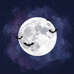 Naklejka premium Silhouette of bats flying in front of a full moon on a dark, starry night with a purple watercolor background