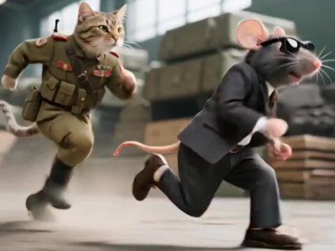 A digitally rendered image shows a rat in a suit running alongside a cat in a military uniform, both with determined expressions, with a blurry urban background.