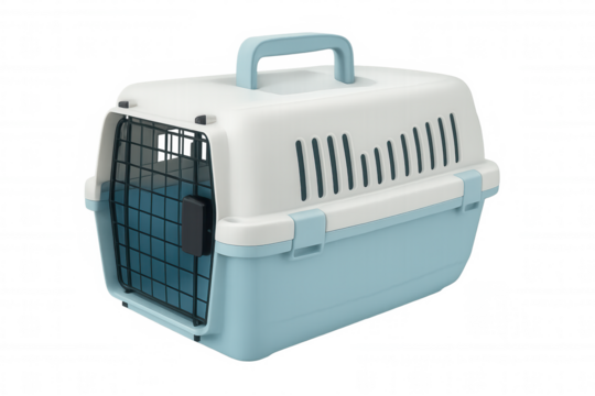 Pet carrier featuring metal grid door, safely housing small animals like cats or dogs, resting on transparent surface