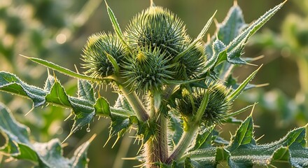 Closeup of prickly green burdock plant.