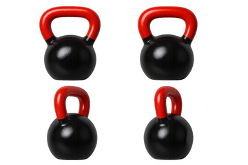 A kettlebell with a red handle shown in different rotational views, emphasizing its smooth design and matte finish.