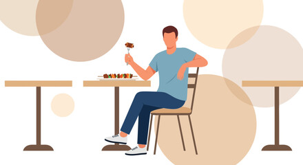 Casual Diner Enjoying Grilled Food, Sitting Near a Modern Table with an Easy Going Pose