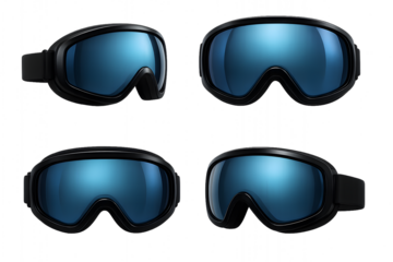 A pair of reflective ski goggles shown from multiple perspectives, emphasizing the lens design and comfort features for extreme sports.