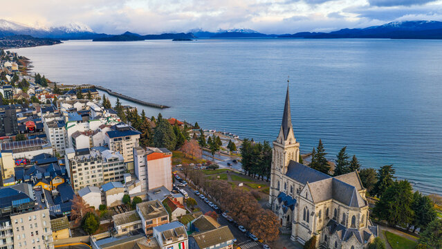 Catedral Nuestra Se&ntilde;ora del Nahuel Huapi with lake and Andes mountains in Bariloche.