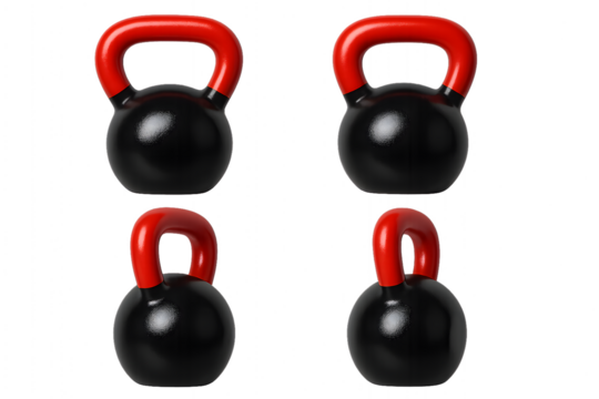A kettlebell with a red handle shown in different rotational views, emphasizing its smooth design and matte finish.