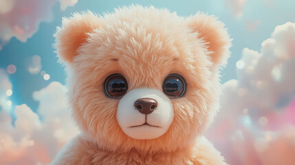 Adorable fluffy teddy bear against a dreamy sky