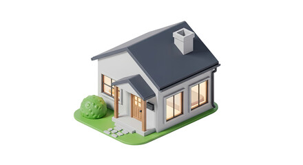 A small, white house with a gray roof and black windows, situated on a green lawn with a green bush in front.