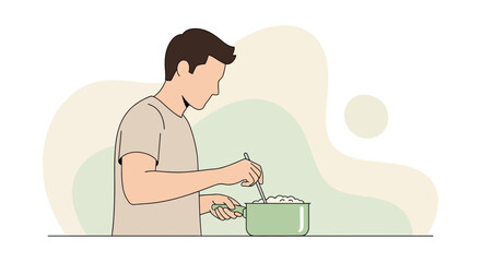 Cooking Person Preparing Food In Kitchen Illustrated Art With Minimalistic Aesthetic