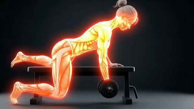 Anatomical visualization of a woman doing dumbbell row exercise, highlighting muscle engagement and biomechanics for fitness education.