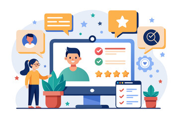 Flat vector illustration of a hand holding a review card with three stars, symbolizing customer feedback, service quality, product rating, client satisfaction, and business credibility. Perfect for we