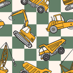 Seamless vector pattern with hand drawn construction trucks on checkered background. Perfect for textile, wallpaper or nursery print design. EPS10 vector file.