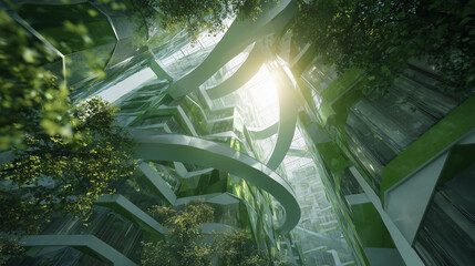 Obraz premium View of a futuristic green architectural complex with winding structures and glass elements illuminated by sunlight, surrounded by lush plants and trees inside the space.
