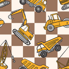 Seamless vector pattern with hand drawn construction trucks on checkered background. Perfect for textile, wallpaper or nursery print design. EPS10 vector file.