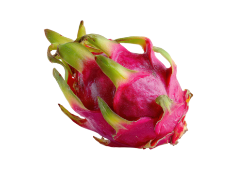 Vivid magenta dragon fruit with green leaf like scales pitaya pink, Isolated On Png Transparent Background