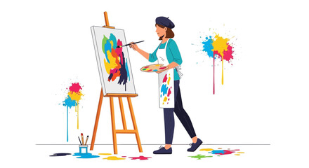 Fototapeta premium Creative Artist Painting Abstract Artwork With Palette in Art Studio Depicting Color Splashes