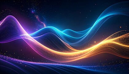 Obraz premium Abstract digital art with glowing, wavy lines of vibrant colors, and scattered sparkles on a dark background