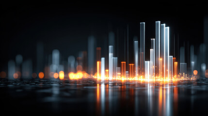 Futuristic data glowing bar neon chart digital city abstract energy pulses and depth