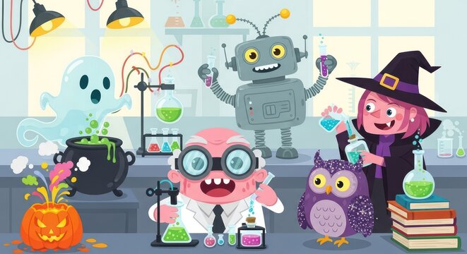 A cartoon illustration of a mad scientist, a witch, and various Halloween characters in a laboratory with a purple owl, robot, and ghost, surrounded by beakers and a cauldron on a table