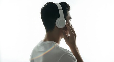 Person wearing headphones, adjusting them while listening to music
