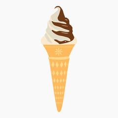 Ice cream vector. Chocolate ice cream in a brown waffle cone. Melted ice cream