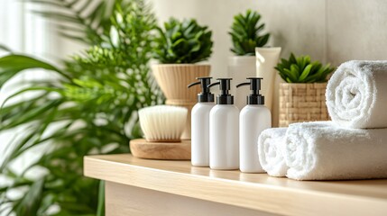 Fototapeta premium Spa setting with towels bottles and plants on a wooden surface.