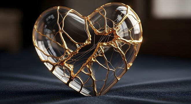 Broken Heart Concept Shattered glass heart being stitched together with gold (kintsugi style).